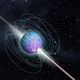 Artist’s impression of a magnetar outburst, showing the object’s magnetic field and bi-directional beamed emission, having burst out from a crust cracking episode.